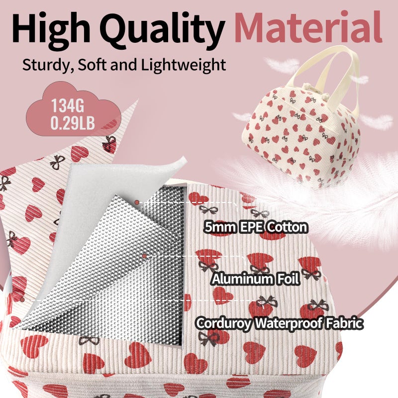 CaCTOUR Lunch Bag Lunch Box for Women Girls Teens  Cute Lunch Box Cooler Bag Portable Reusable Corduroy Insulated LunchBox for Work/Travel/Picnic/School (Love) - Image 2